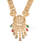 Long Kundan Neckpiece with Earrings & Maang Tikka with Multi Stones Jewellery Set (Gold) - Ruby Raang - Swadesiicart