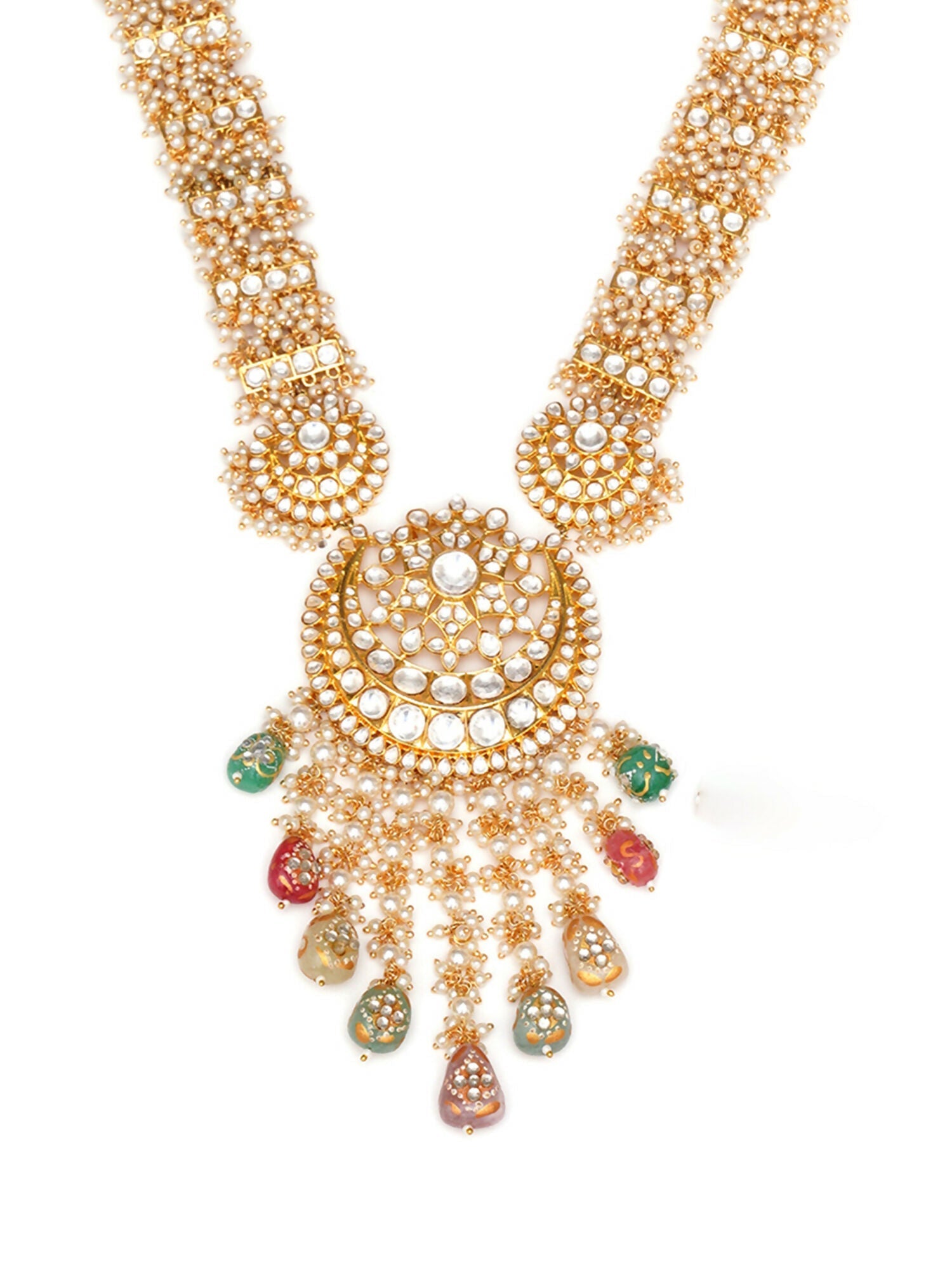 Long Kundan Neckpiece with Earrings & Maang Tikka with Multi Stones Jewellery Set (Gold) - Ruby Raang - Swadesiicart
