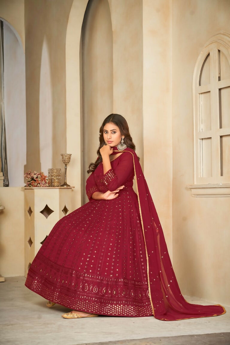Jyoti Fashion Women's Maroon Georgette Embroidered Anarkali Kurta Pant Set With Dupatta | Swadesiicart