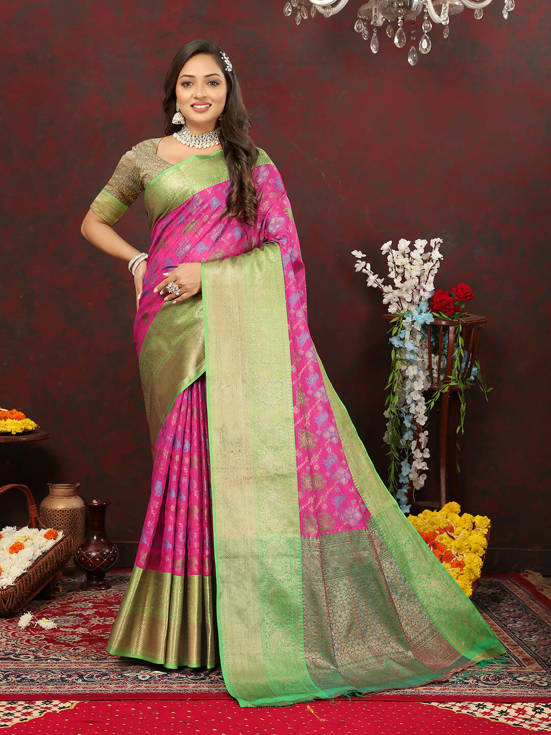 Lorenvalley Fashion Pink Cotton Woven Design Zari Meenakari Weaving Saree - Swadesiicart