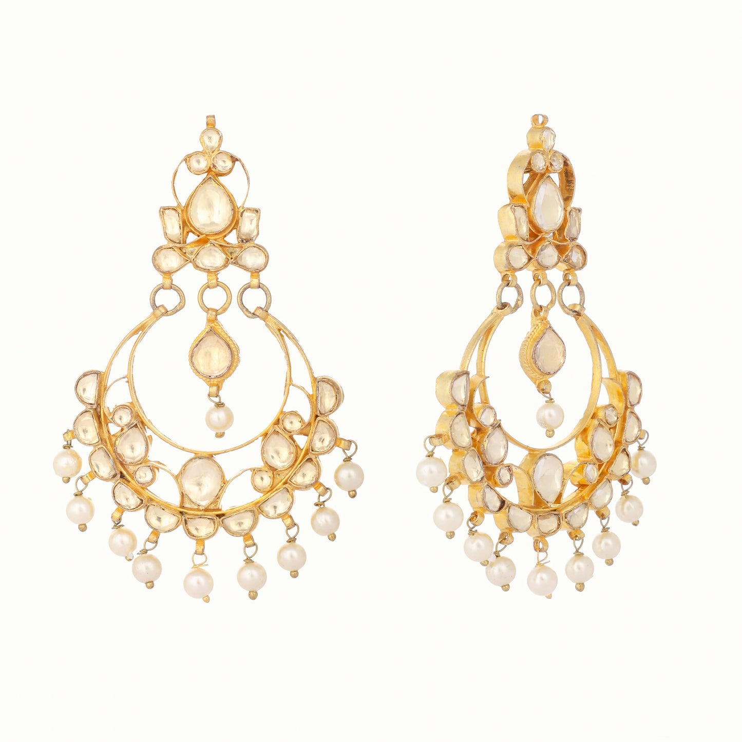 Nuyug 22K Gold Plated Kundan Studded Contemporary Shaped Pearl Drop Chandbalis | Swadesiicart
