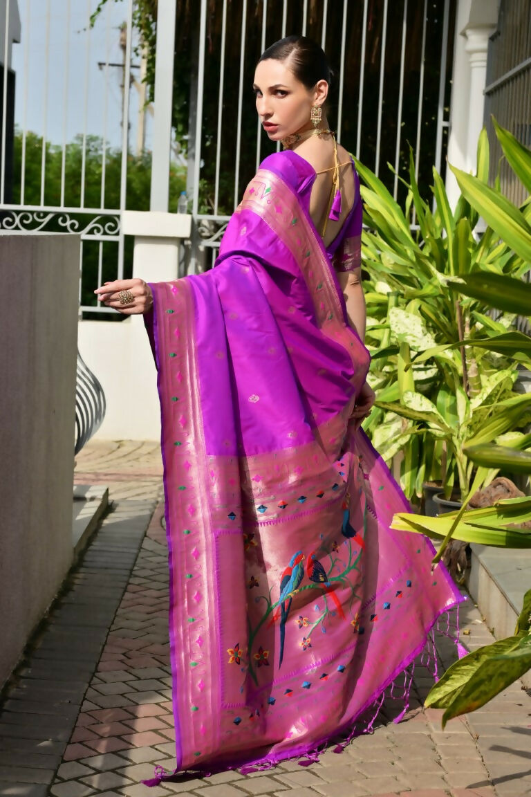Vishnu Weaves Women's Purple Paithani Silk Zari Woven Saree with Blouse - Swadesiicart