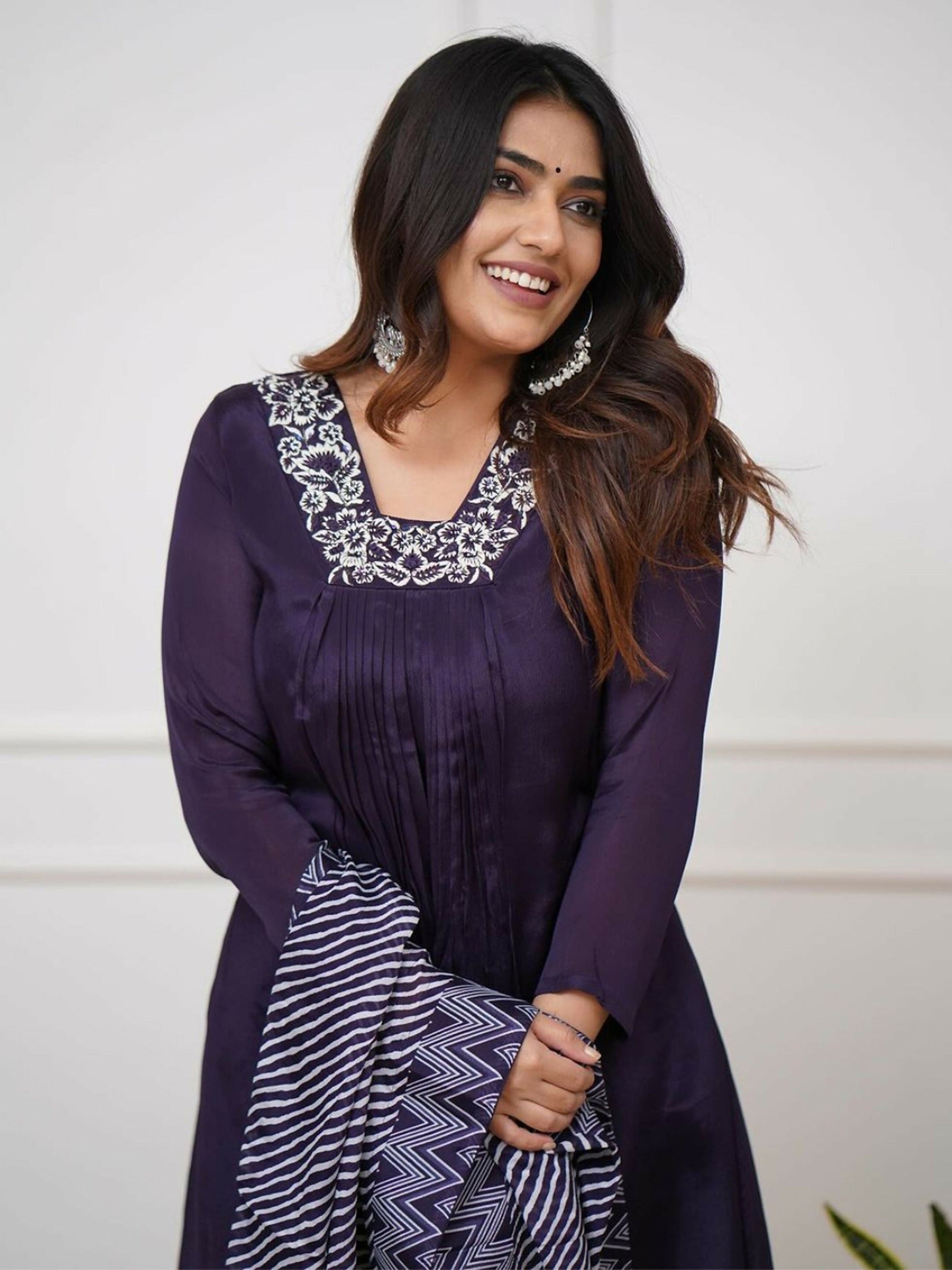 Partywear Designer Viscose Silk With Lining Wine Stitched Suit With Dupatta - Tanisha | Swadesiicart