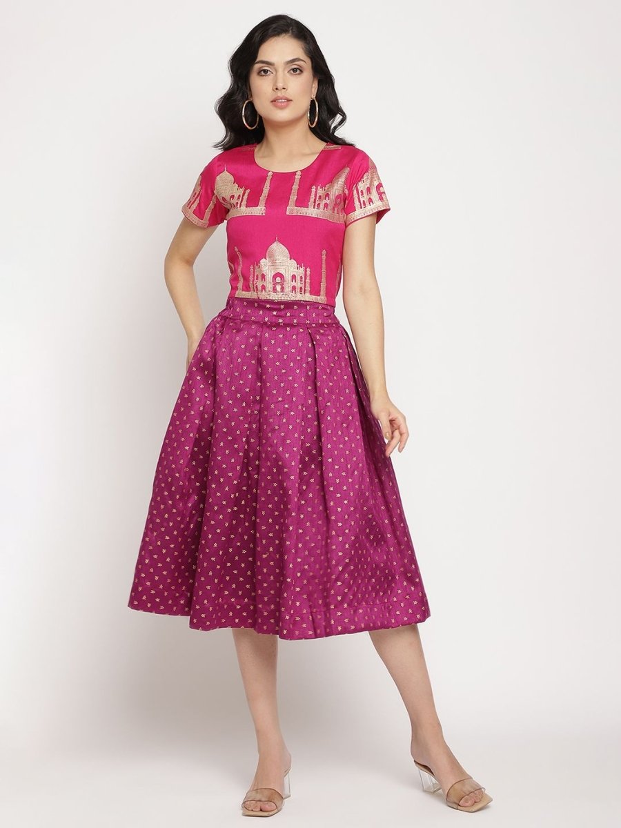 Ahalyaa Women's Pink Poly Silk Gold Foil Print Top With Skirt | Swadesiicart