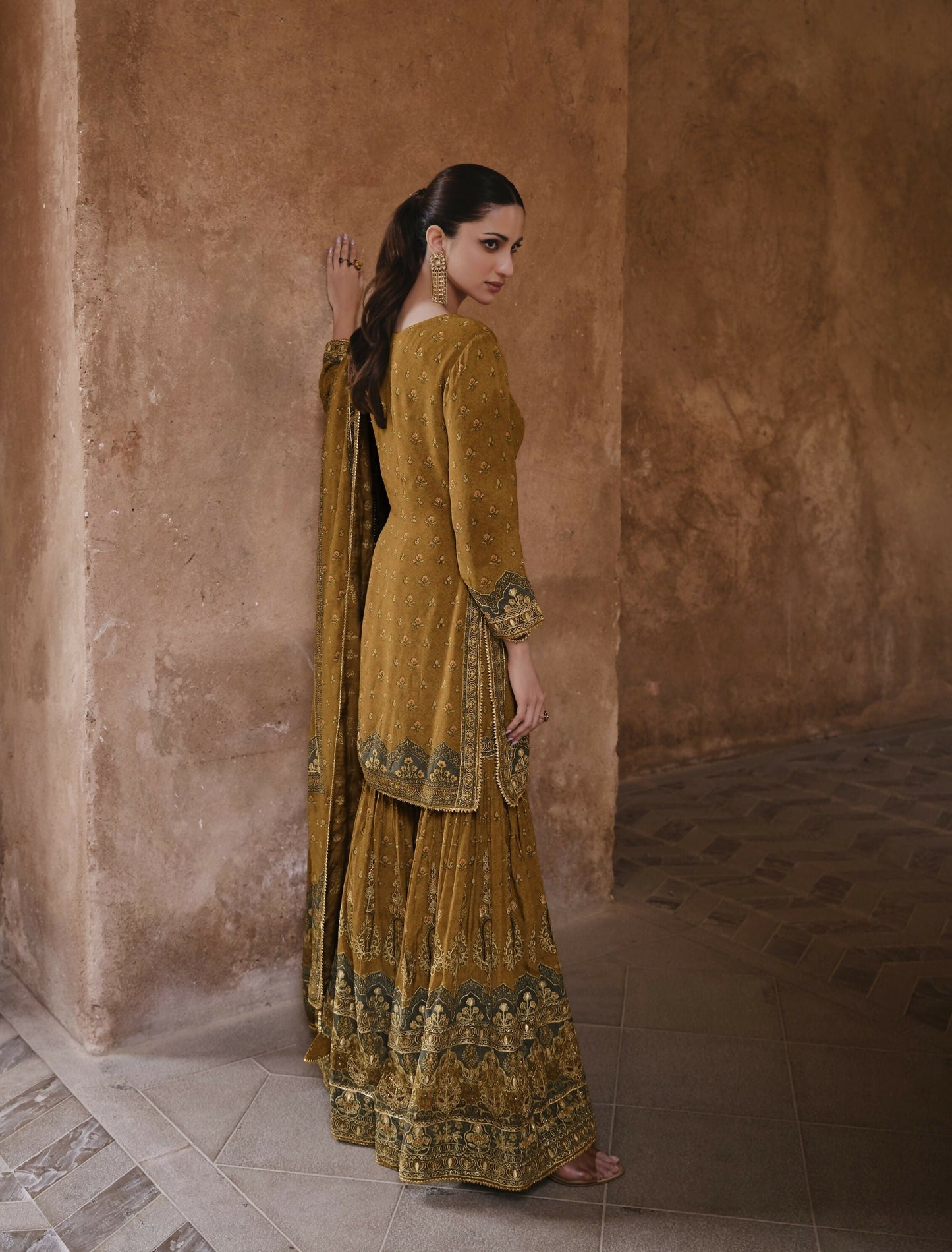 Anaita Mustard Silk Readymade Palazzo Suit with Swarovski Work