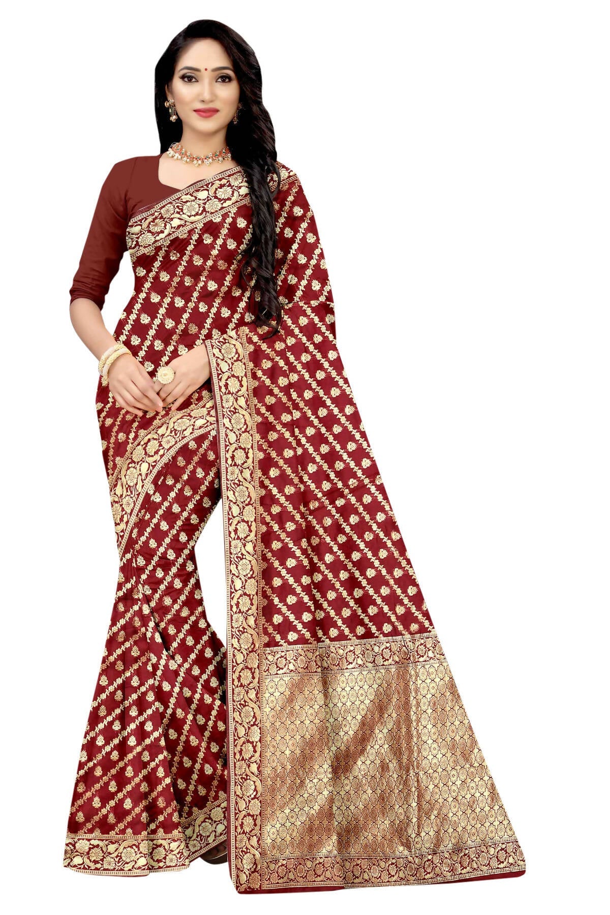 Vamika Maroon Weaving Banarasi Jacquard Saree | Swadesiicart