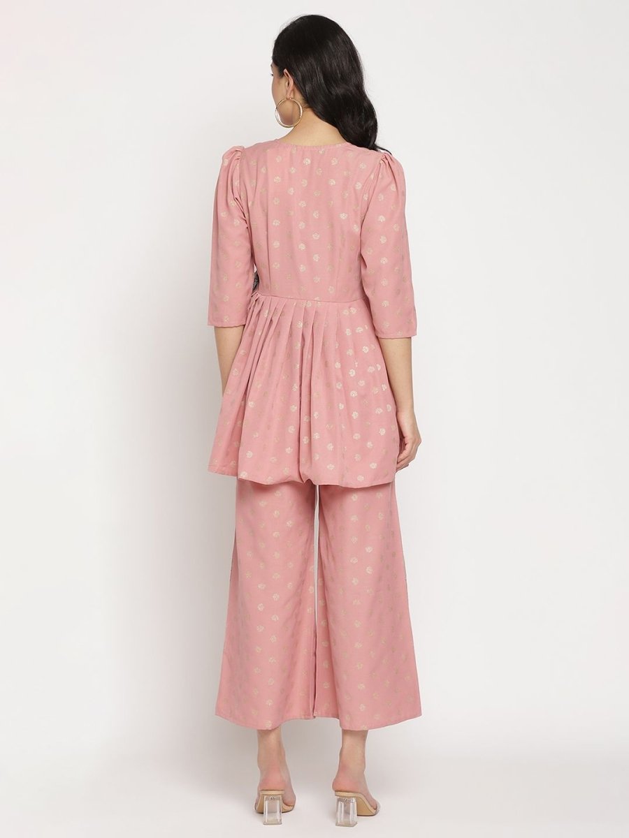 Ahalyaa Pink Ethnic Motifs Printed Angrakha Kurti With Palazzos For Women | Swadesiicart