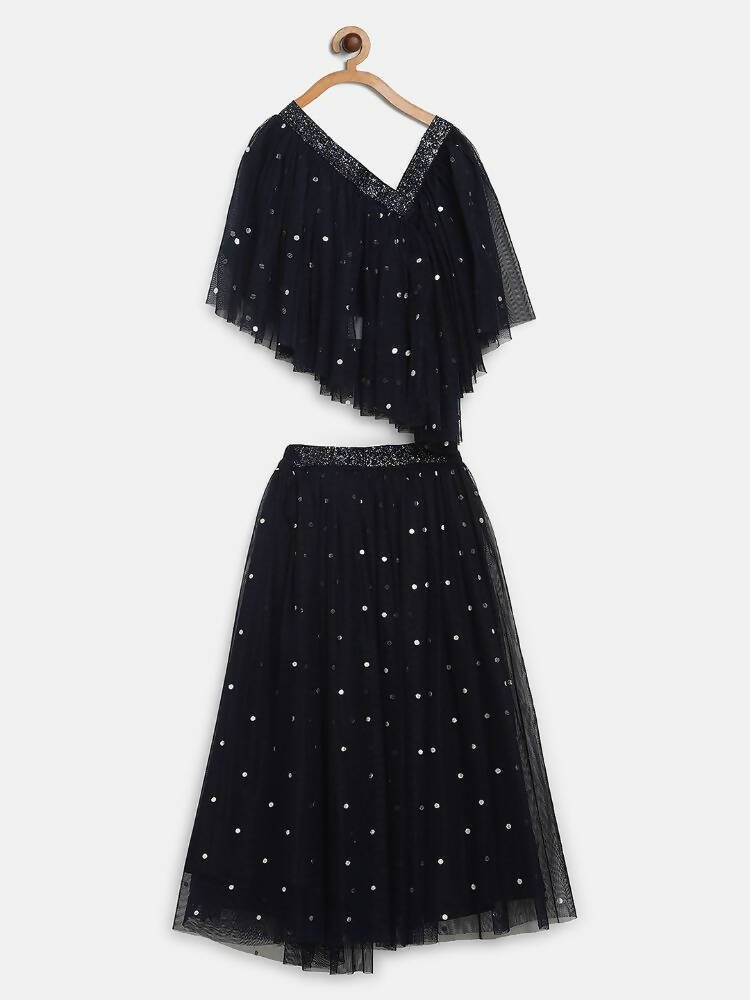Ahalyaa Navy Blue Net Asymmetric Kids Top With Skirt For Girls | Swadesiicart