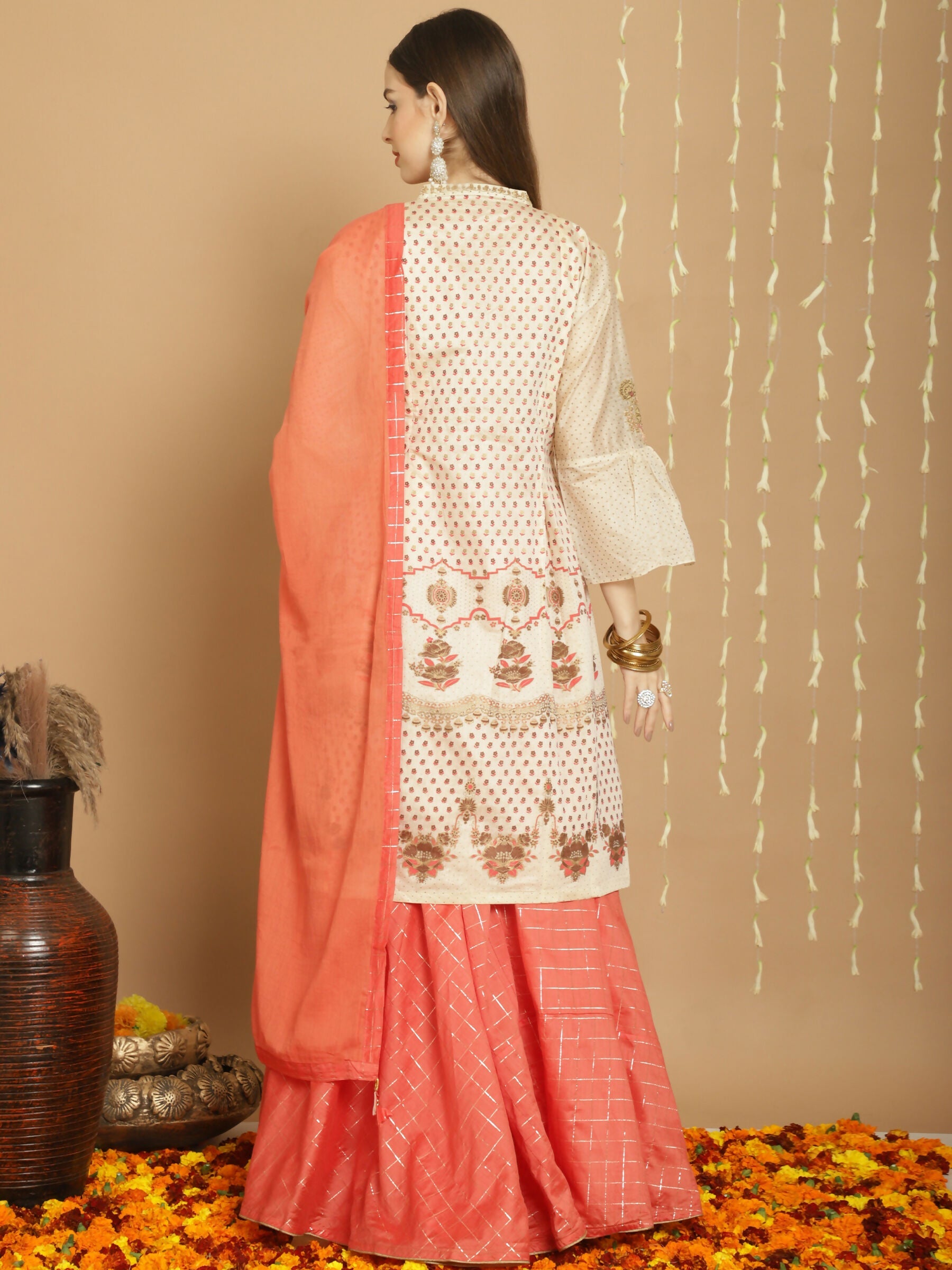 Jyoti Fashion Women's Cream Chanderi Silk Elegant Jardoshi Semi Kurta with Trouser & Dupatta | Swadesiicart