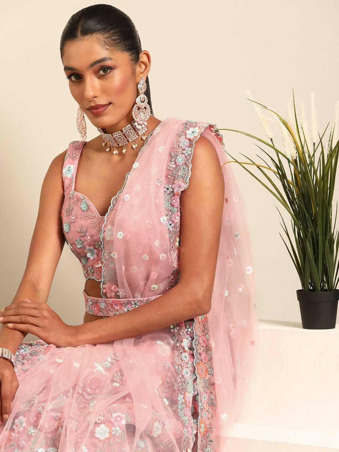 House of Panchhi Pink Net Sequins, Mirror and thread embroidery Lehenga choli & Dupatta | Swadesiicart