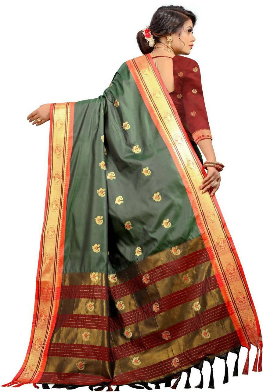 DEIANA'S Beautiful Designer Golden zari Soft Lichi Silk Saree - Green - Swadesiicart