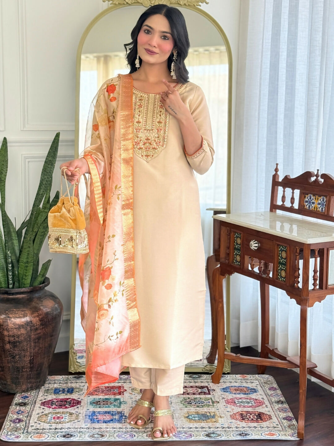 The52 Chiku Women's Beautiful Rayon Fabric Embroidered Work Straight Kurta Pant and Dupatta Set - Swadesiicart
