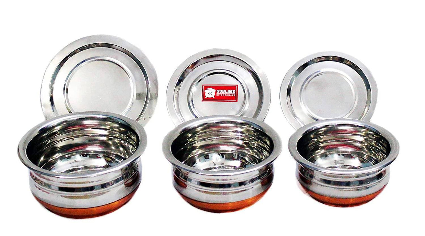 Sublime Kitchenware Set of 3 Stainless Steel Copper Bottom Handi with Lid - Swadesiicart