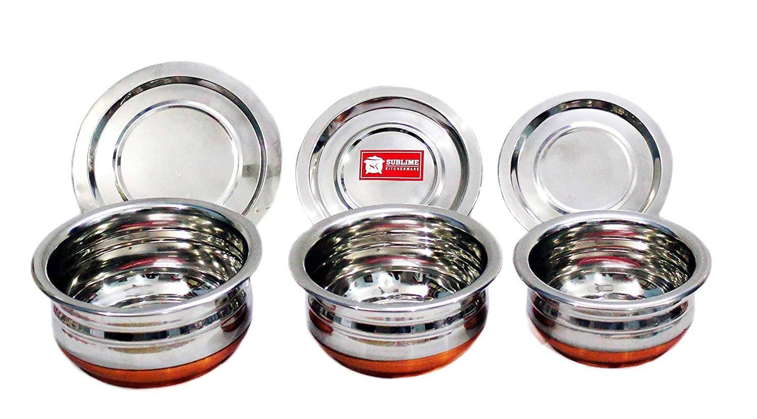Sublime Kitchenware Set of 3 Stainless Steel Copper Bottom Handi with Lid - Swadesiicart