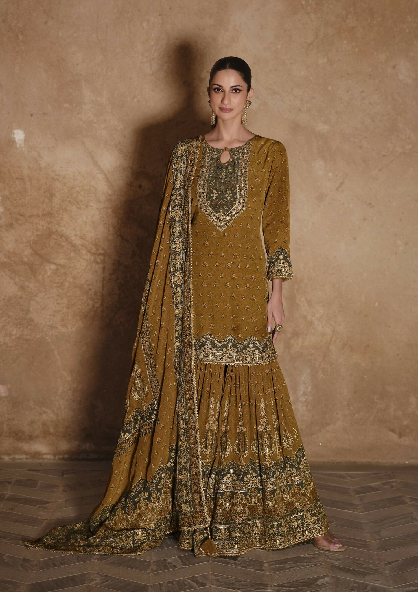 Anaita Mustard Silk Readymade Palazzo Suit with Swarovski Work