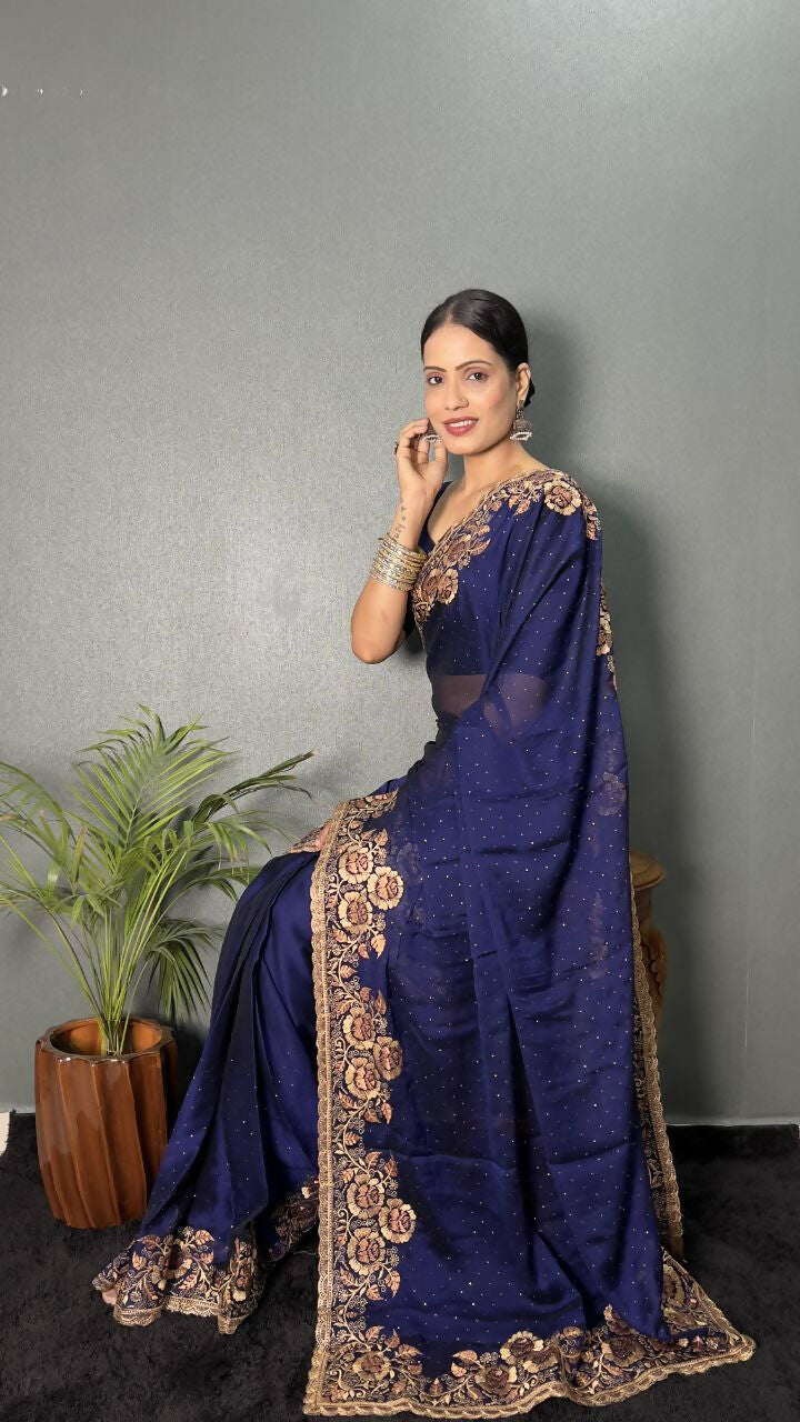 Vastranavya Blue Rangoli Silk Zari work with DMC Swarovski work Ready to Wear Saree | Swadesiicart