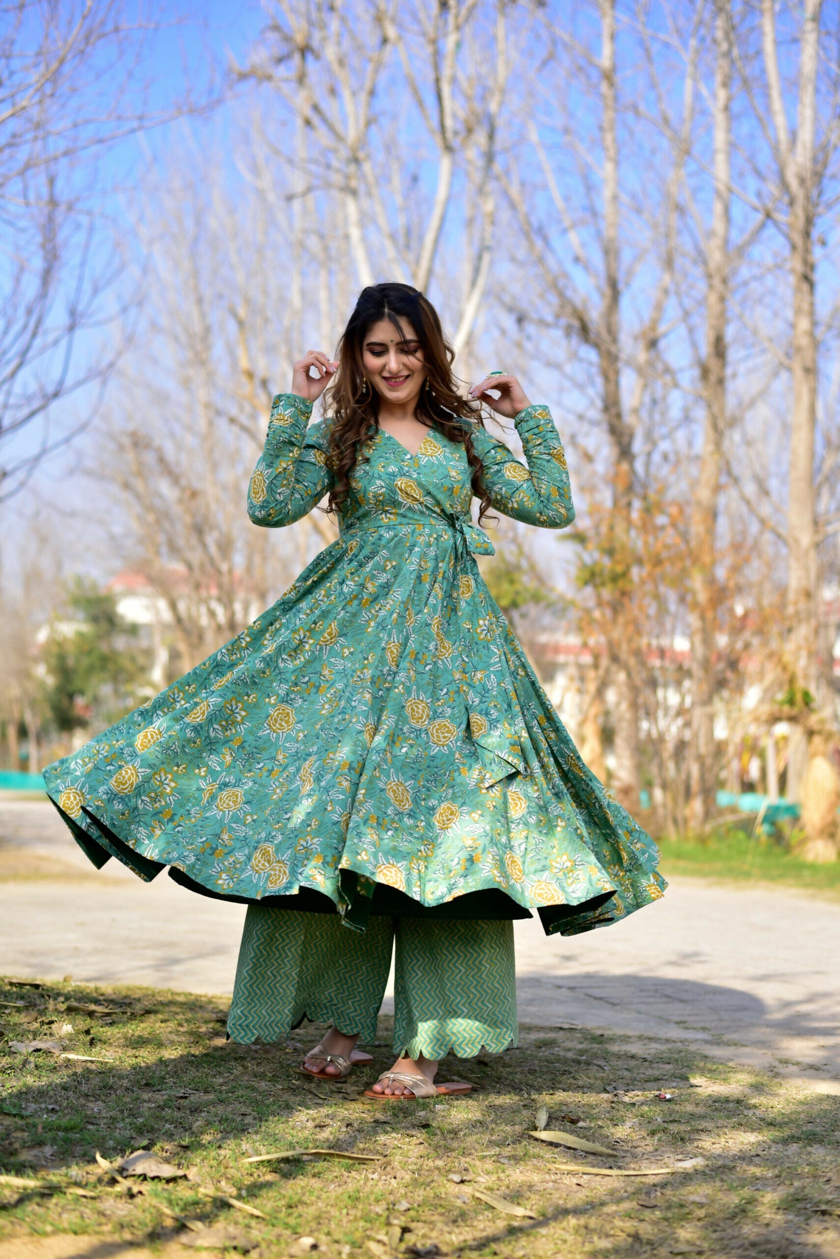 Jyoti Fashion Women's Sea Green Cotton Silk Heavy Digital Printed Kurta Plazo Set | Swadesiicart