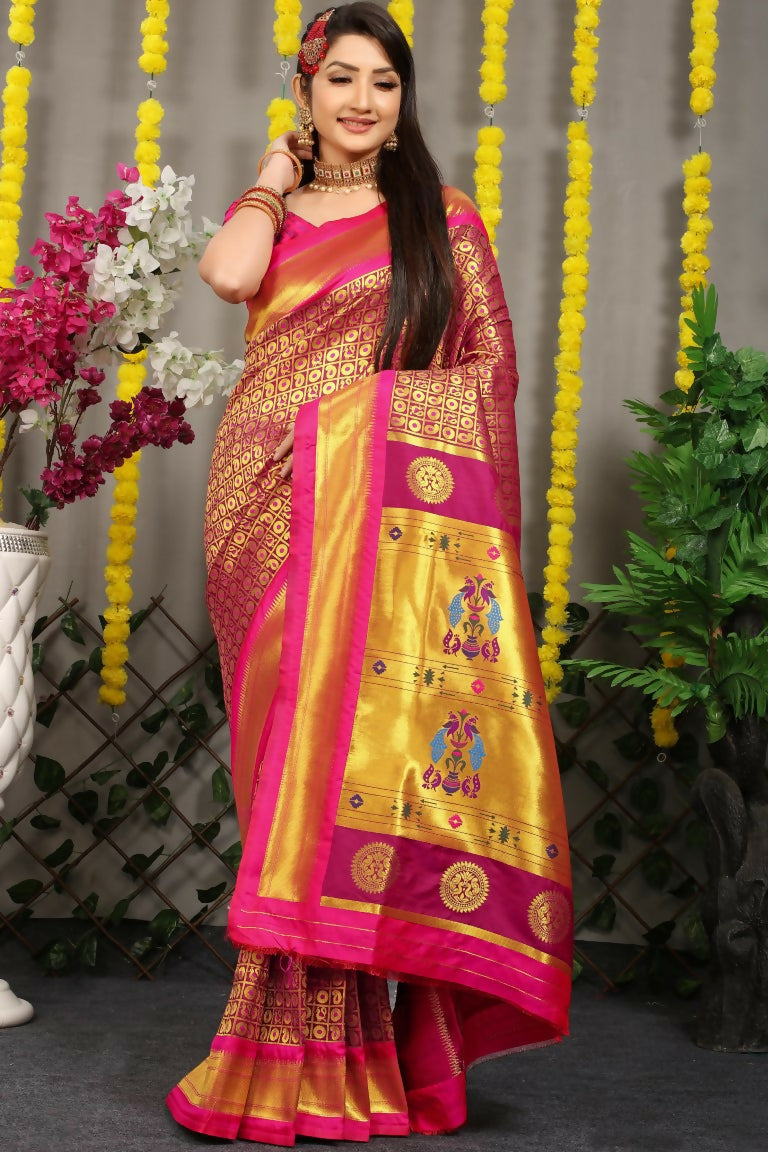 Jyoti Fashion Women's Magenta Banarasi Silk Zari Woven Saree with Blouse | Swadesiicart