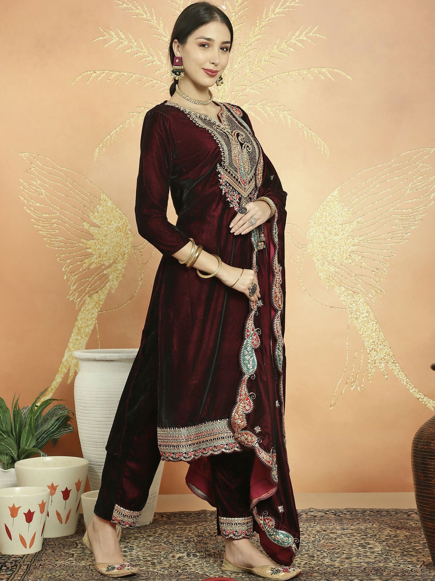 Jyoti Fashion Women's Maroon Velvet Cording with Resham Thread & Sequin Kurta with Trouser & Dupatta | Swadesiicart
