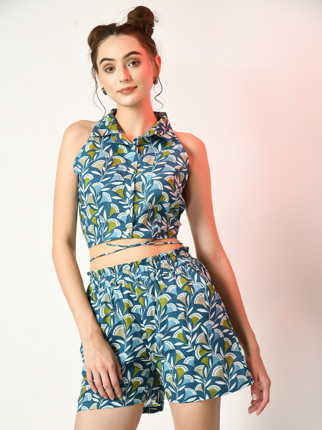 Myshka Women's Blue Printed Top With Shorts - Swadesiicart