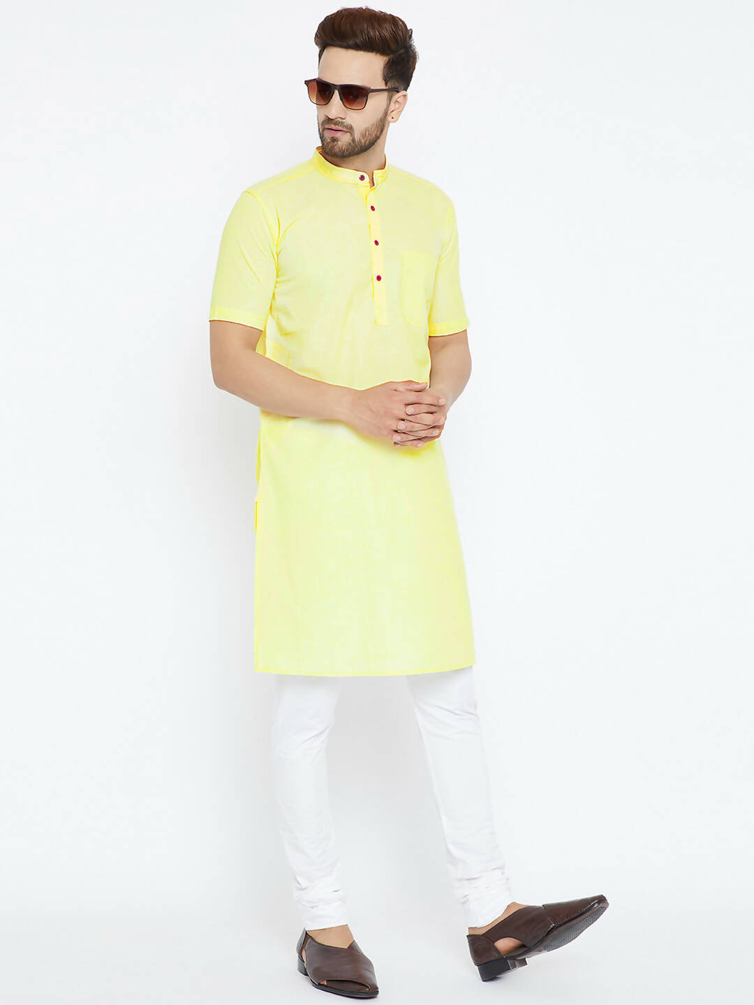 Even Apparels Yellow Color Pure Cotton Men's Kurta With Band Collar | Swadesiicart