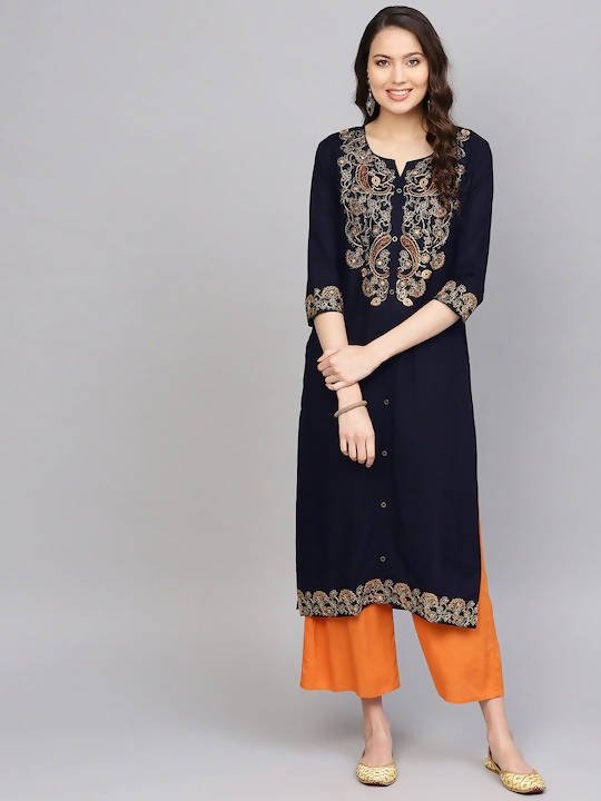 Anubhutee Navy Blue Yoke Design Straight Kurta | Swadesiicart