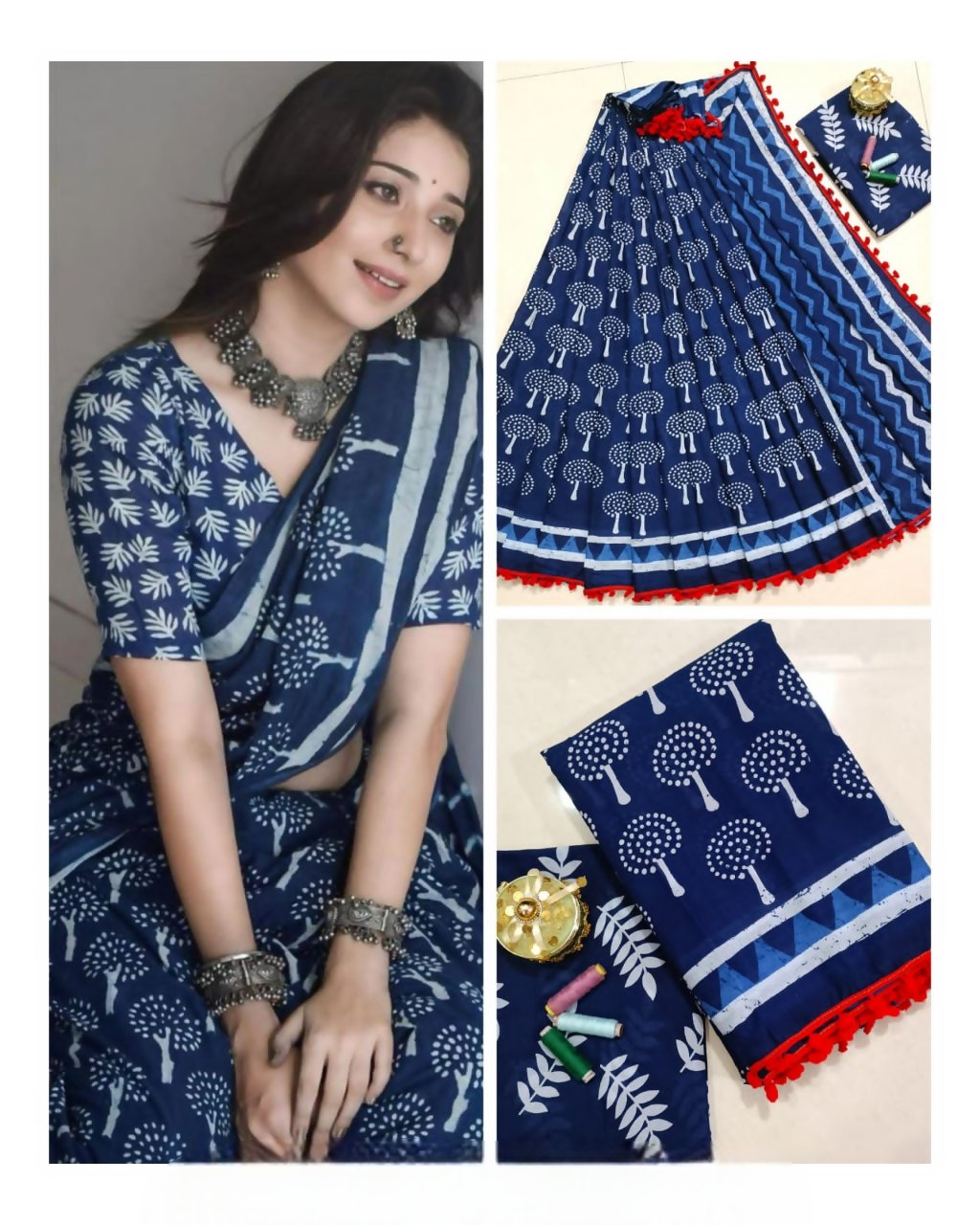Exclusive Collection Blue White Beautiful Mulmul Cotton Saree - Swadesiicart