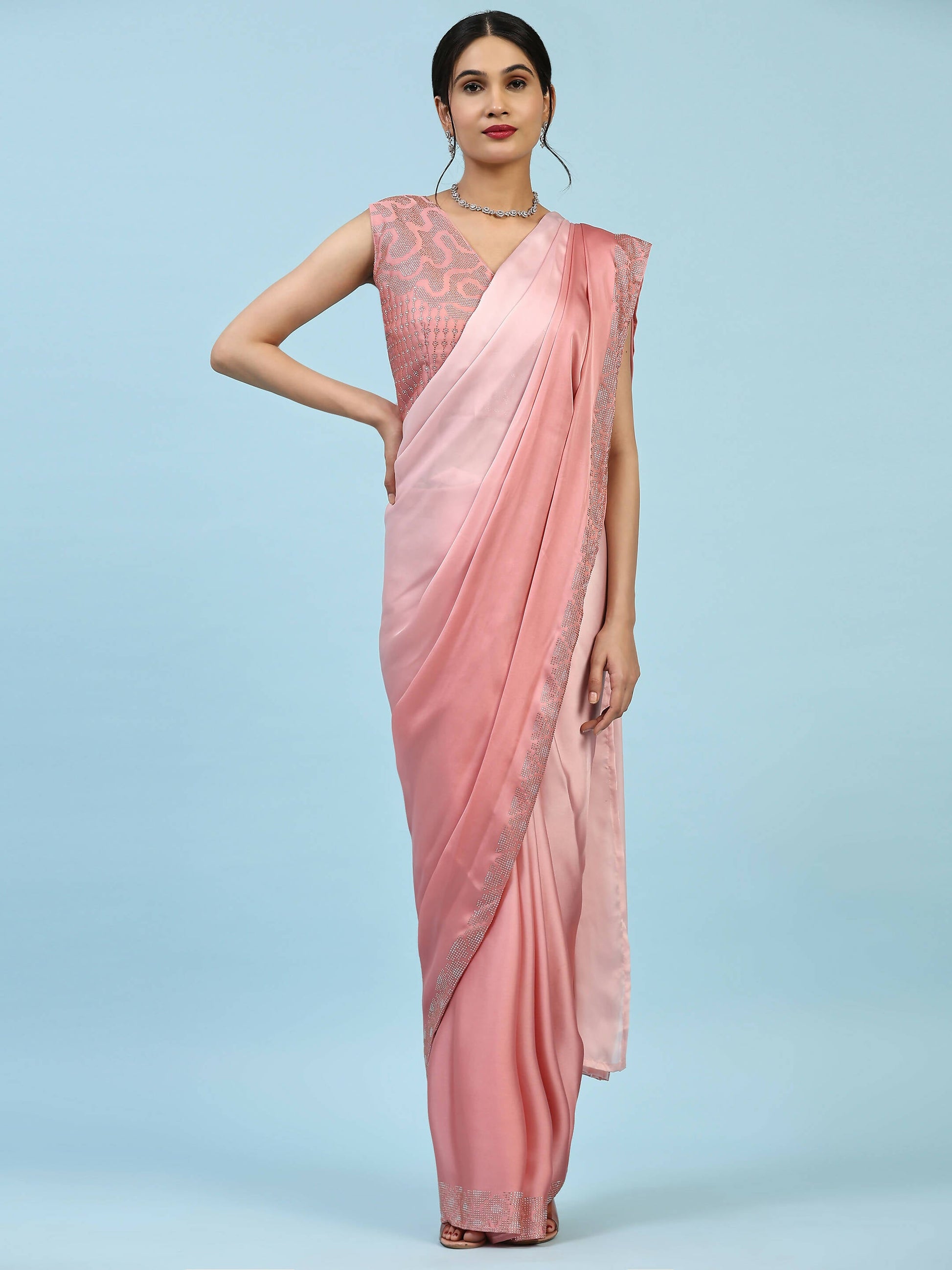 Peach Ombre Satin Georgette Plain Ready to wear Saree with stitched Blouse - Vrinda | Swadesiicart