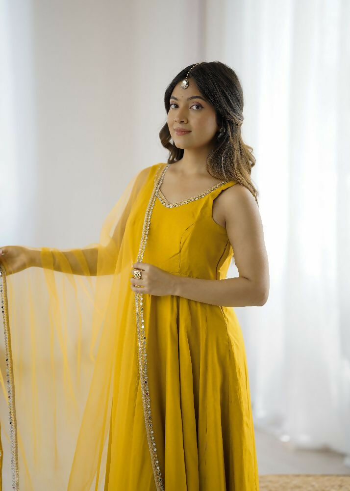 Joban Fashion Yellow Kurta Set Chanderi Sequence Embroidery Work - Swadesiicart