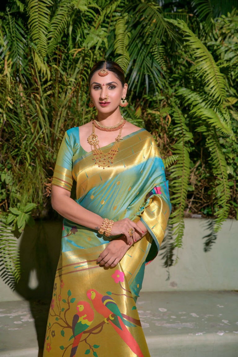 Jyoti Fashion Women's Firozi Paithani Silk Zari Woven Saree with Blouse | Swadesiicart