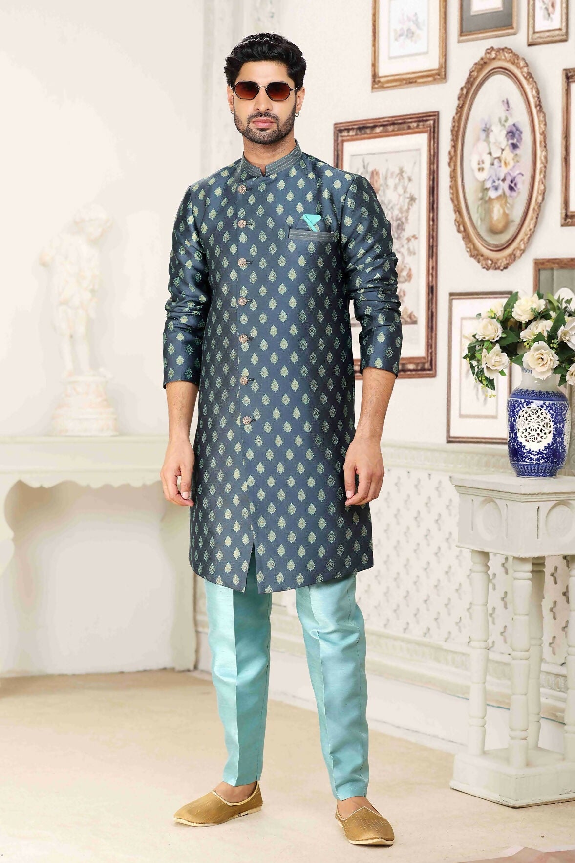 Raivat Ethnic Banarasi Jacquard Embroidery Semi Indo Western Sherwani In Grey Blue Colour | Swadesiicart