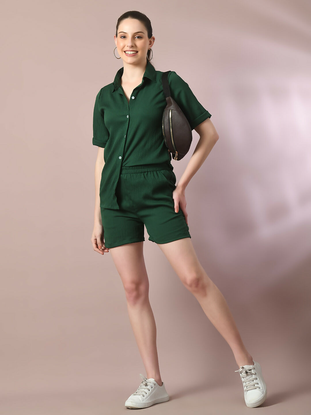 Myshka Women's Green Solid Shirt Collar Party Shirt With Shorts Co-ord set - Swadesiicart