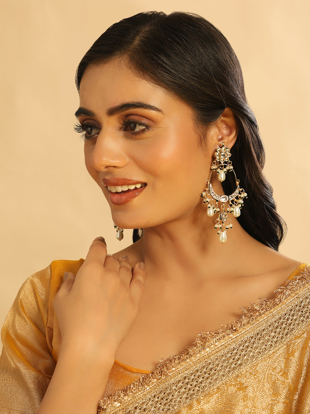 Nuyug 22K Gold Plated Crescent Kundan Drop Pearl Chandbali Earrings | Swadesiicart