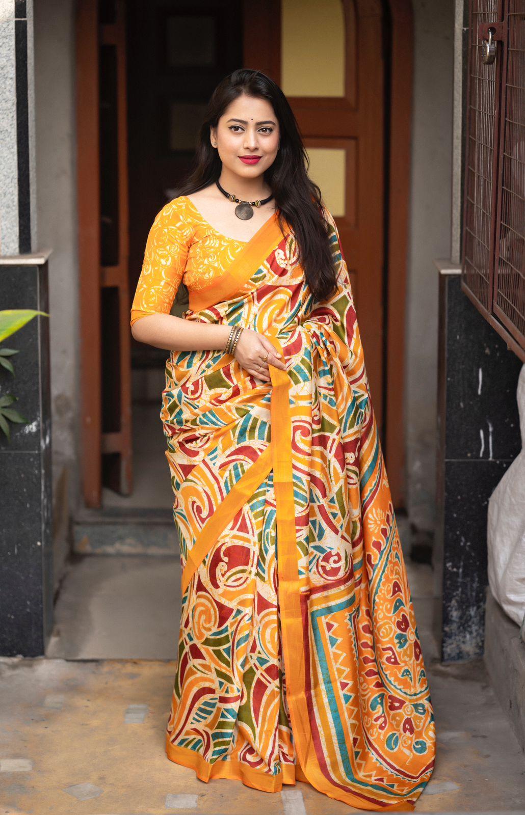 Mustard Cotton Crepe Batik Print Saree with Unstitched Blouse - Hiral Fashion | Swadesiicart