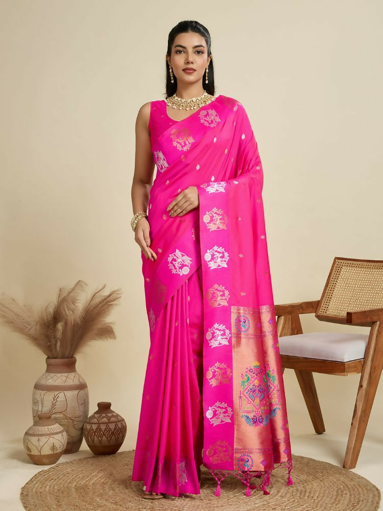 Vishnu Weaves Women's Pink Banarasi Silk Zari Woven Saree with Blouse - Swadesiicart