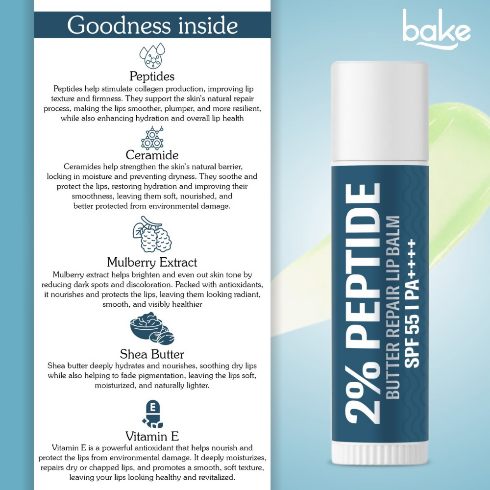 Bake 2% Peptide + Ceramide Butter Brightening Lip Balm SPF 55 PA++++ | Swadesiicart
