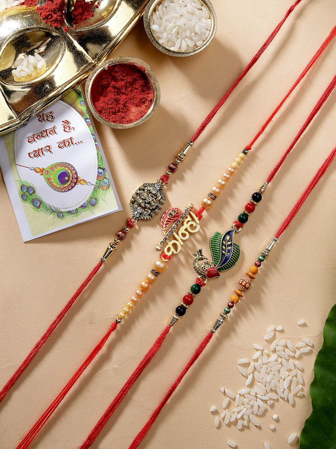 NVR Men Set of 4 Multicolor Radha Krishna & Peacock Design Rakhi With Roli Chawal | Swadesiicart