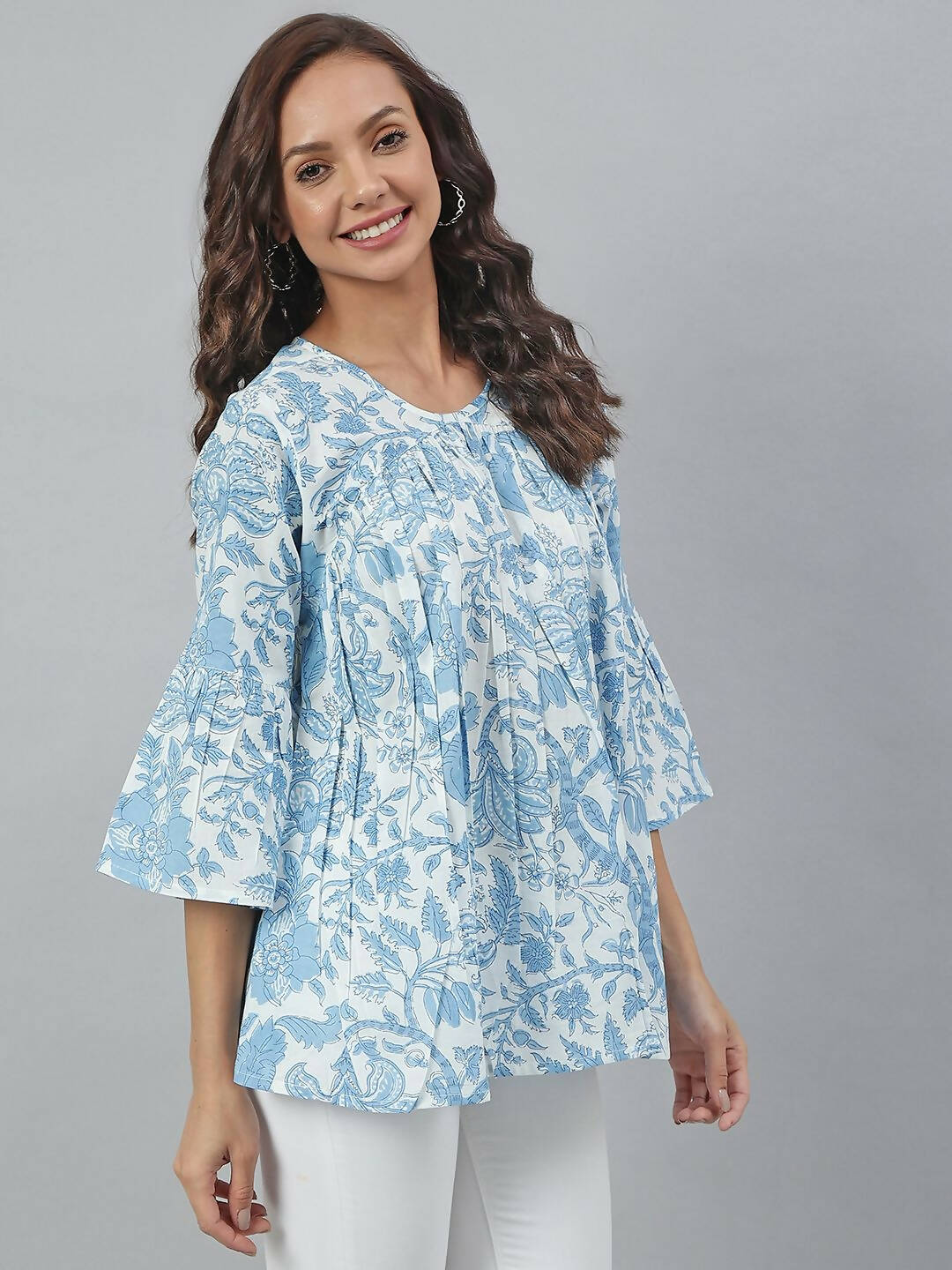 Janasya Women's White Cotton Floral Print Tiered Top | Swadesiicart