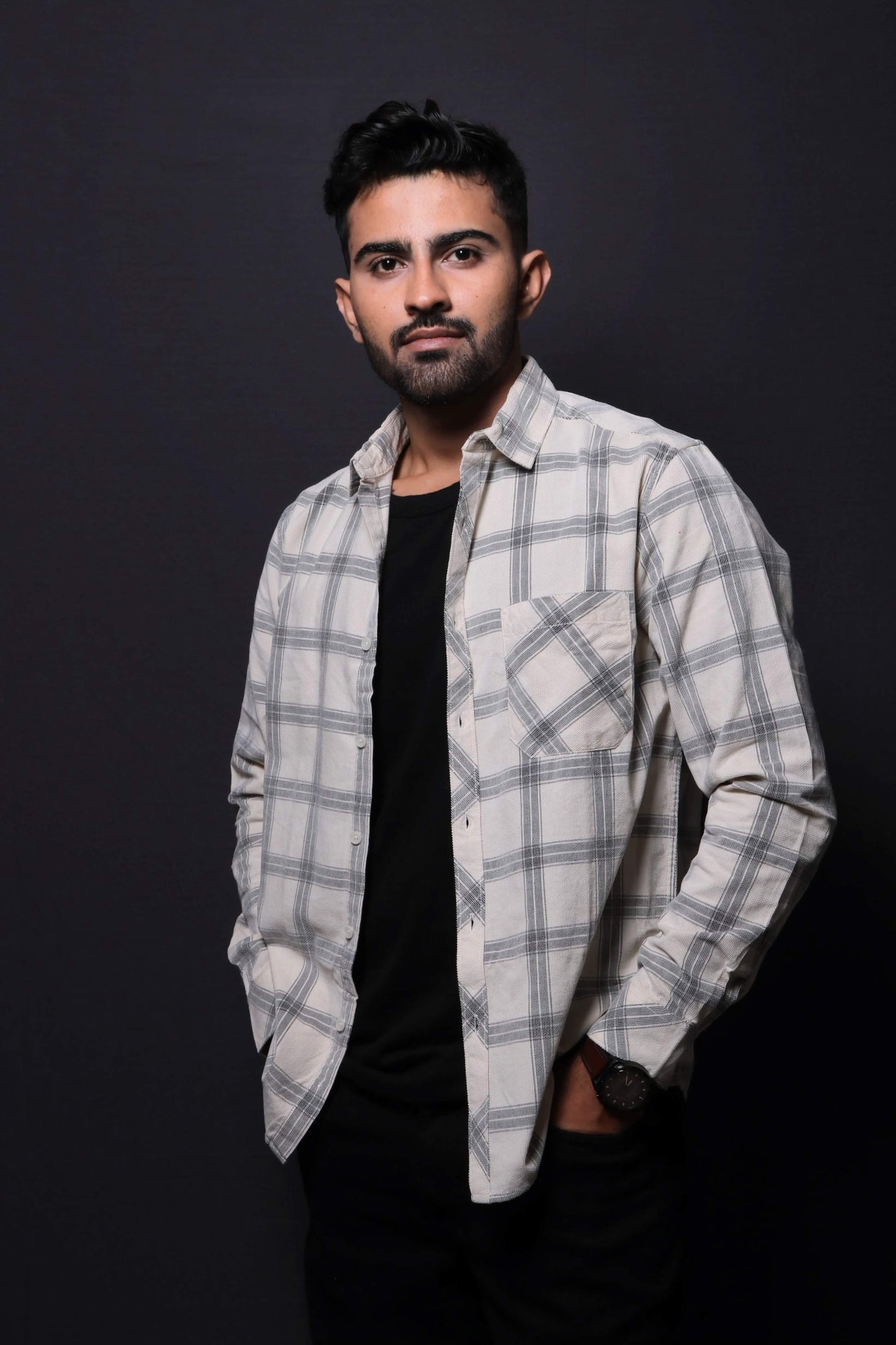 Jonesburg Off White Checks Fine Corduroy Regular Fit Shirt | Swadesiicart