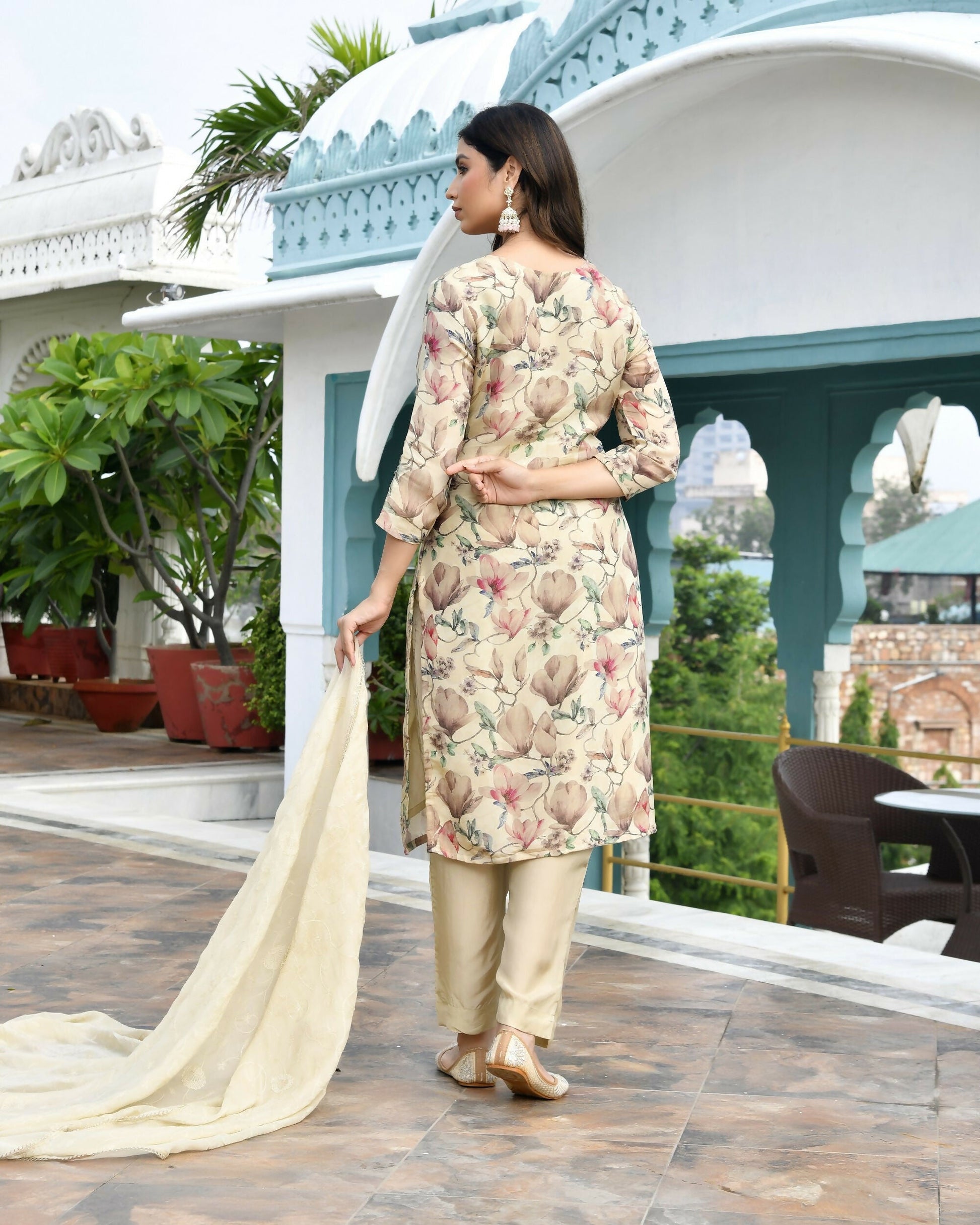Vaasva Women's Cream Tissue Embroidered Suit Set With Solid Pant And Embroidered Dupatta | Swadesiicart