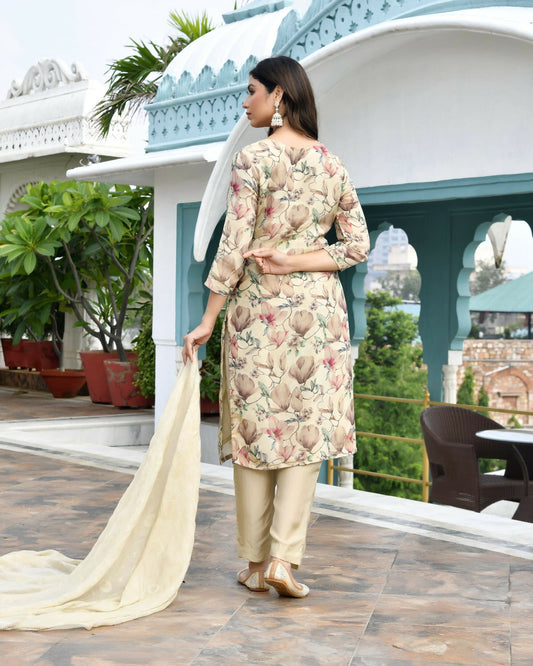 Vaasva Women's Cream Tissue Embroidered Suit Set With Solid Pant And Embroidered Dupatta | Swadesiicart