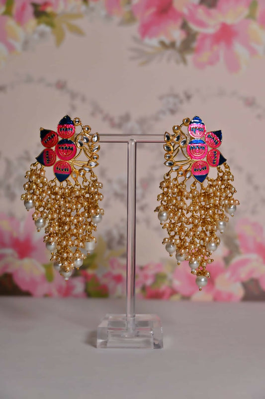 Pink & Blue Ethic Meenakari Lotus Shaded Earrings By House of Ree - Swadesiicart