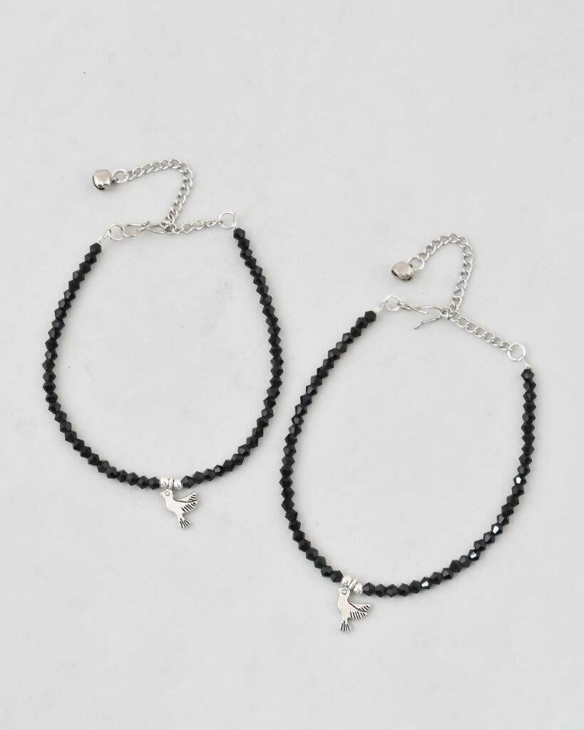 VOJ Set of 2 Bird Black Beads Anklet - Swadesiicart