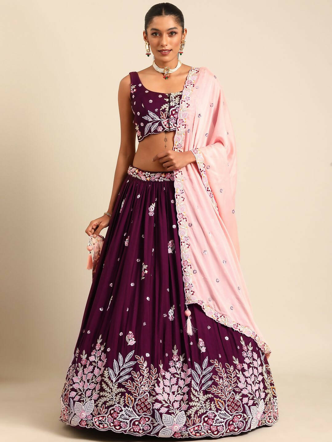 House of Panchhi Burgundy Georgette Sequins and thread embroidery Lehenga choli & Dupatta | Swadesiicart