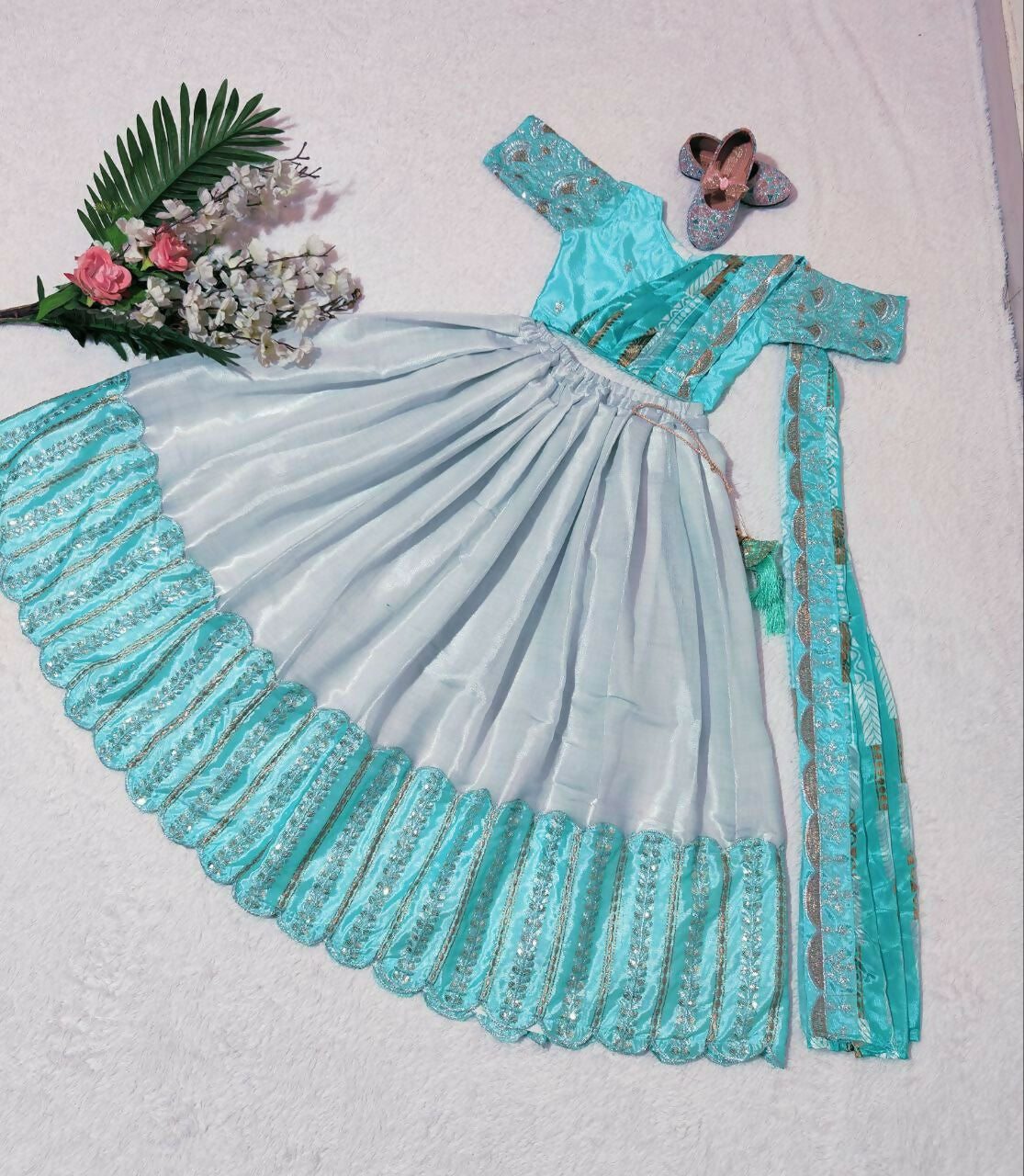 Jyoti Fashion Classy Sky Blue Heavy Chenille Sequins Embroidered Kids Lehenga Choli Set | Swadesiicart