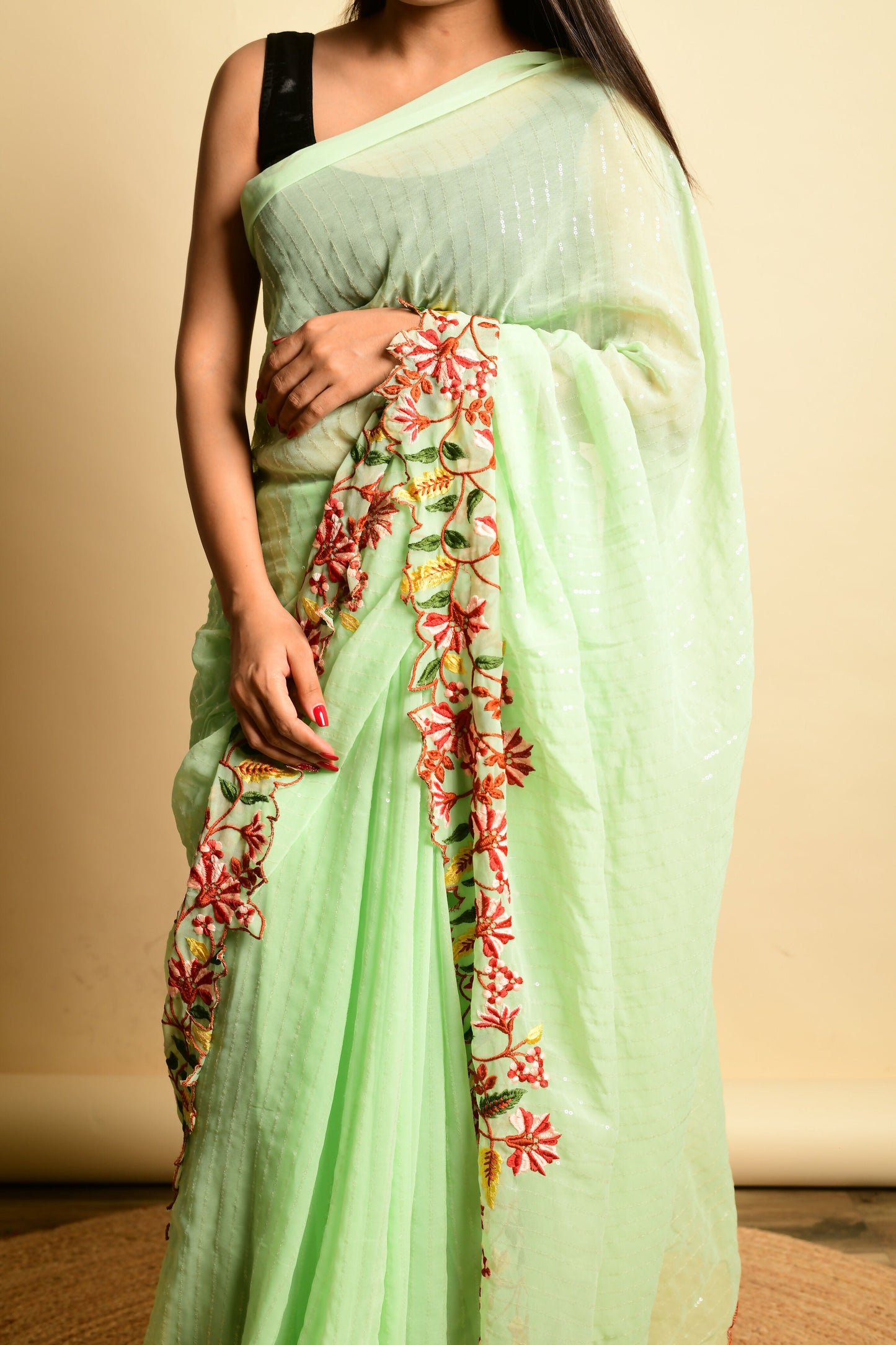Vamsee Sparkle Sparkle -Green Georgette Saree - Swadesiicart