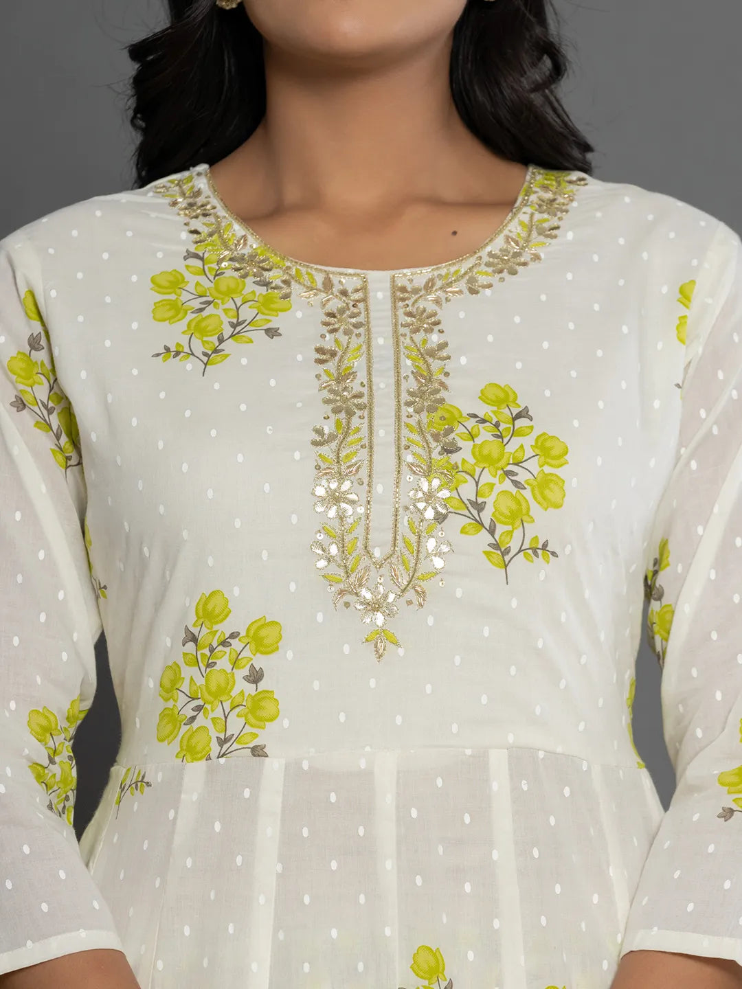 Yufta Green & White Gota_Patti Cotton Anarkali Kurta Dupatta Pant Set - Swadesiicart