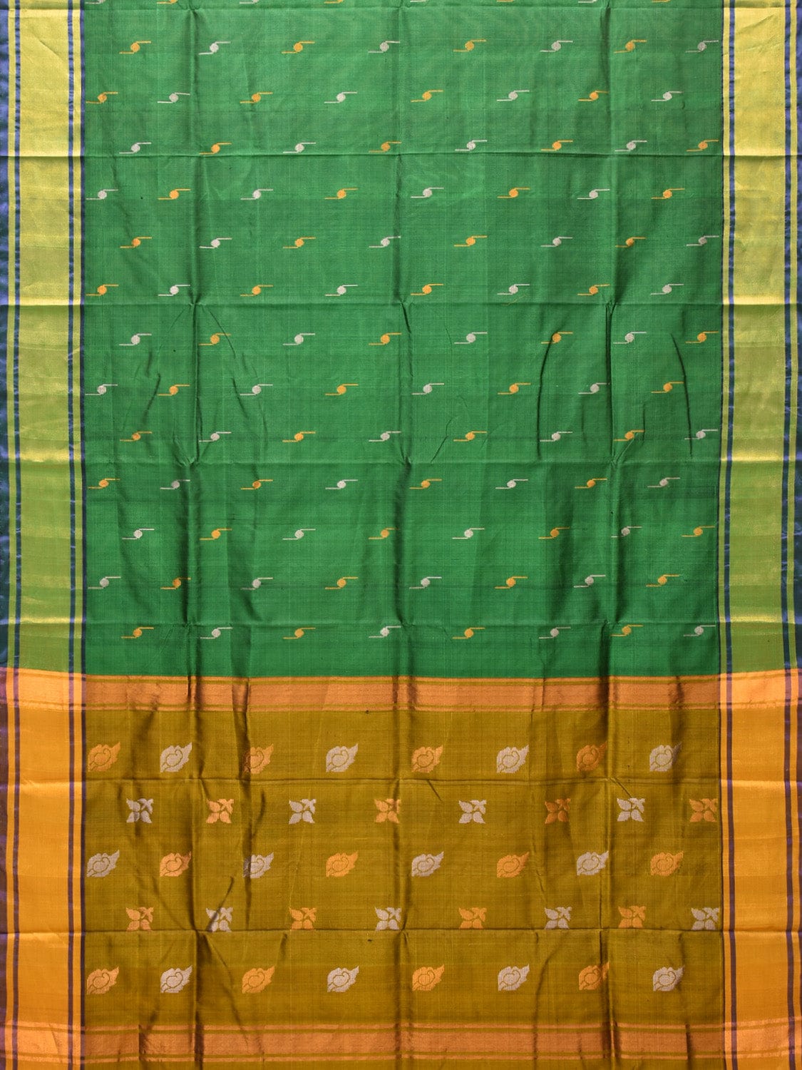 Green and Olive Uppada Silk Handloom Saree with Buta Design - Global Threads | Swadesiicart