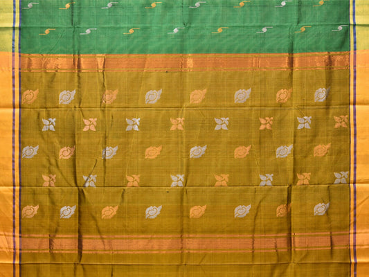 Green and Olive Uppada Silk Handloom Saree with Buta Design - Global Threads | Swadesiicart