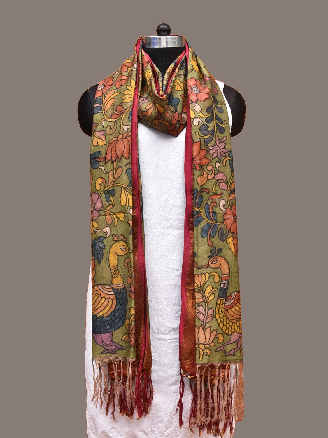Green and Pink Kalamkari Hand Painted Kanchipuram Silk Handloom Dupatta with Floral and Peacocks Design - Global Threads | Swadesiicart
